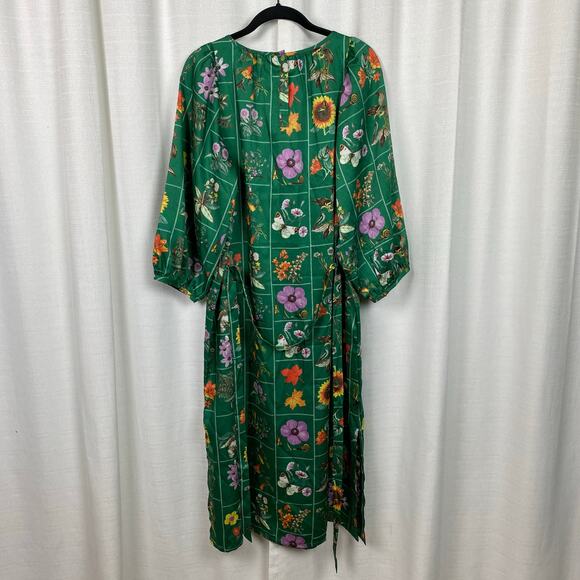 LOFT Green Floral Bird Butterfly Garden Puff Sleeve Shift Midi Dress Sz.M NWT - Picture 11 of 16